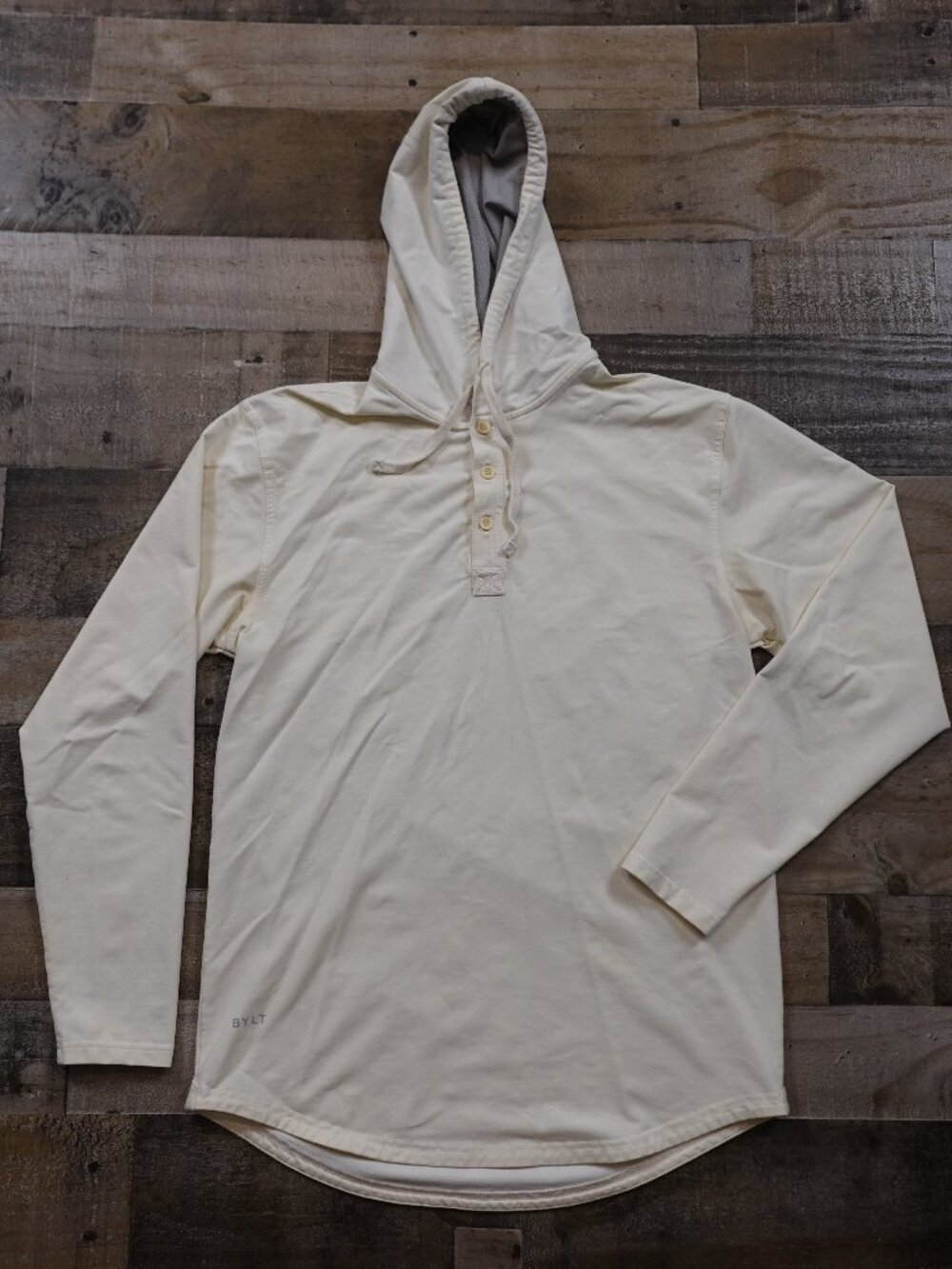 BYLT Drop-Cut Lux Hooded Henley Men’s Medium Cream Long Sleeve Shirt
